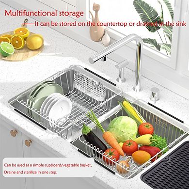 Stainless Steel Expandable Dish Drying Rack Over Sink with Utensil Holder Silicone Mat
