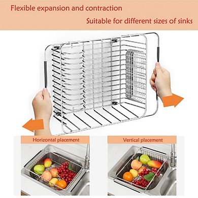 Stainless Steel Expandable Dish Drying Rack Over Sink with Utensil Holder Silicone Mat