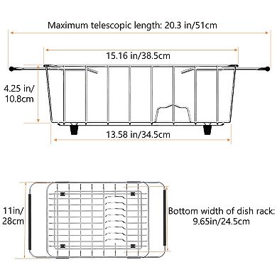 Stainless Steel Expandable Dish Drying Rack Over Sink with Utensil Holder Silicone Mat
