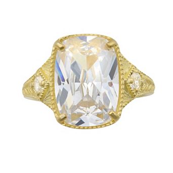 Rosabella 14k Gold Flash Plated Sterling Silver Cushion Cut & Round Cubic Zirconia Vintage Ring