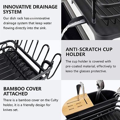 Aluminum Dish Drying Rack Kitchen Counter with Removable Cutlery Holder Cup Large Capacity Rust Free