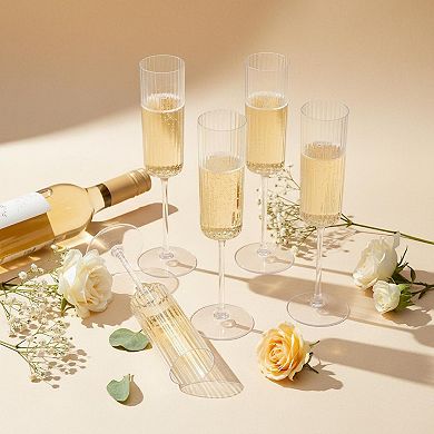 24 Pack Plastic Champagne Flutes Ribbed Disposable Long Stem Elegant for Weddings Birthdays Party