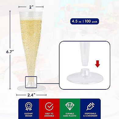 100 Pack Disposable Plastic Champagne Flutes Elegant for Weddings Parties Events