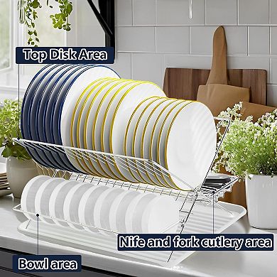 Stainless Steel 2 Tier Collapsible Dish Drying Rack Large Capacity Foldable