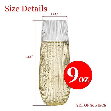 36pcs Stemless Plastic Champagne Flutes 9oz Disposable Ribbed Design for Weddings Events