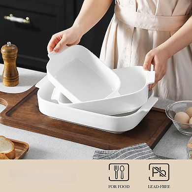 Ceramic Baking Set 3 Rectangular Casserole Dishes Oven Safe Bakeware with Handles Stackable Gift