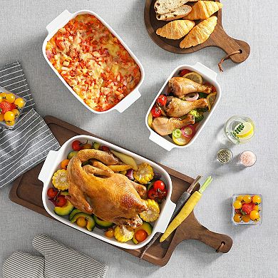 Ceramic Baking Set 3 Rectangular Casserole Dishes Oven Safe Bakeware with Handles Stackable Gift