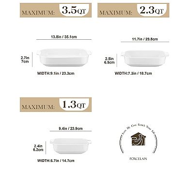 Ceramic Baking Set 3 Rectangular Casserole Dishes Oven Safe Bakeware with Handles Stackable Gift