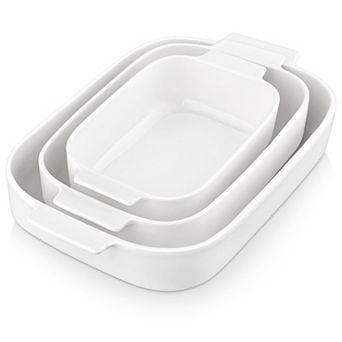 Ceramic Baking Set 3 Rectangular Casserole Dishes Oven Safe Bakeware with Handles Stackable Gift