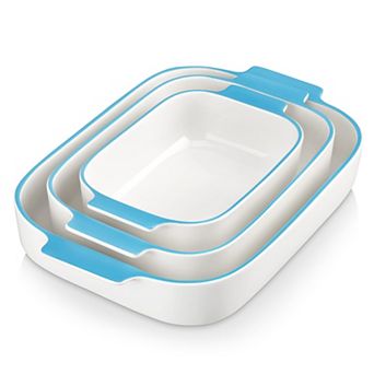 Ceramic Baking Set 3 Rectangular Casserole Dishes Oven Safe Bakeware with Handles Stackable Gift
