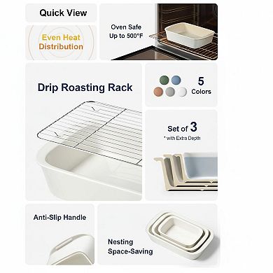 3-Piece Ceramic Casserole Dish Set with Roasting Racks Oven Safe Bakeware for Lasagna Roasting