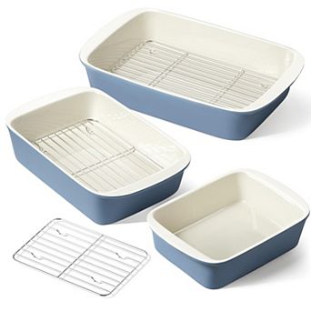 3 pc Ceramic Casserole Dish Set with Roasting Racks Oven Safe Bakeware for Lasagna Roasting
