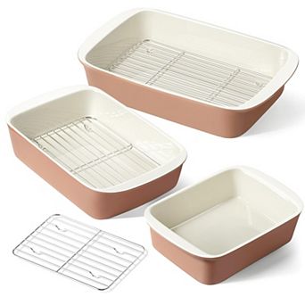 3 pc Ceramic Casserole Dish Set with Roasting Racks Oven Safe Bakeware for Lasagna Roasting