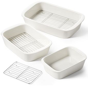 3 pc Ceramic Casserole Dish Set with Roasting Racks Oven Safe Bakeware for Lasagna Roasting
