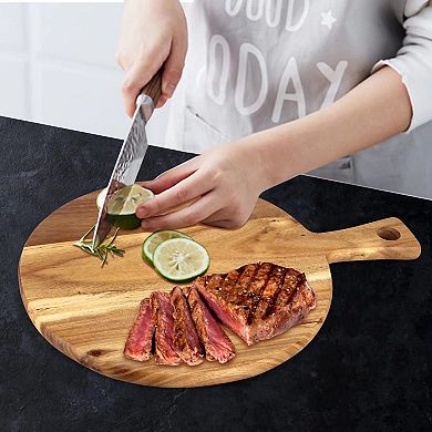 Wooden Round Chopping Board w/ Handle Charcuterie Tray Rustic Farmhouse Serving Platter