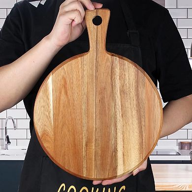 Wooden Round Chopping Board w/ Handle Charcuterie Tray Rustic Farmhouse Serving Platter