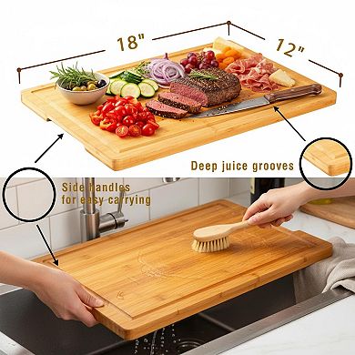 18" Large Bamboo Cutting Board with Juice Grooves & Handles