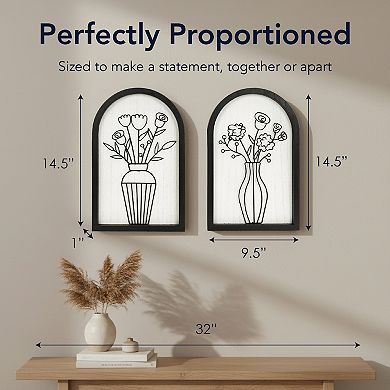 American Art Décor Arched Wire Bouquet Wood Frame Wall Decor 2-Piece Set