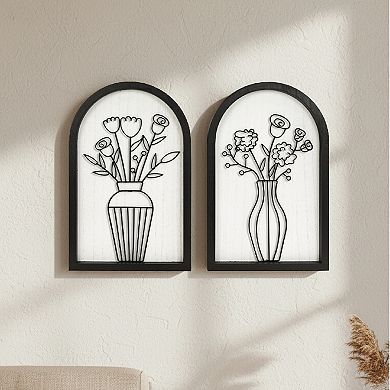 American Art Décor Arched Wire Bouquet Wood Frame Wall Decor 2-Piece Set
