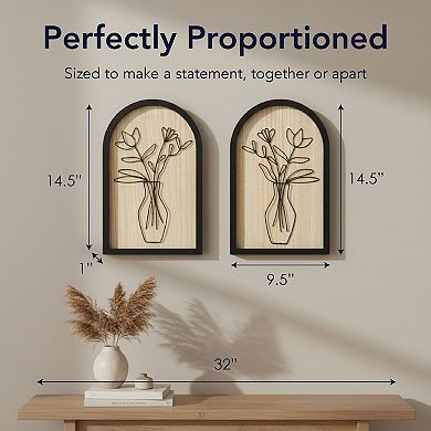 American Art Décor Arched Wire Bouquet Wood Frame Wall Decor 2-Piece Set