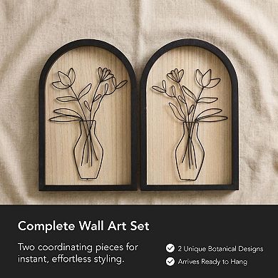 American Art Décor Arched Wire Bouquet Wood Frame Wall Decor 2-Piece Set