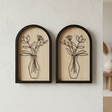 American Art Décor Arched Wire Bouquet Wood Frame Wall Decor 2-Piece Set