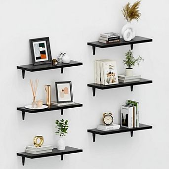 6 pc Wood Floating Shelves Set Wall Mounted Storage Decor