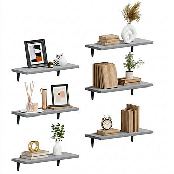 6 pc Wood Floating Shelves Set Wall Mounted Storage Decor