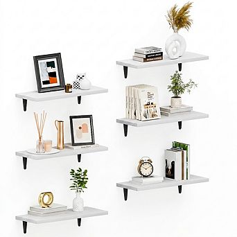 6 pc Wood Floating Shelves Set Wall Mounted Storage Decor