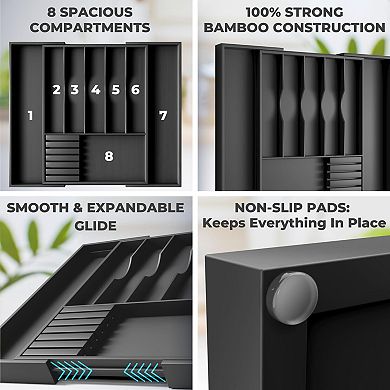 Expandable Bamboo Kitchen Drawer Organizer 8 Compartments Utensil Cutlery Tray