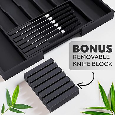 Expandable Bamboo Kitchen Drawer Organizer 8 Compartments Utensil Cutlery Tray