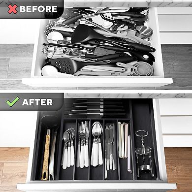 Expandable Bamboo Kitchen Drawer Organizer 8 Compartments Utensil Cutlery Tray