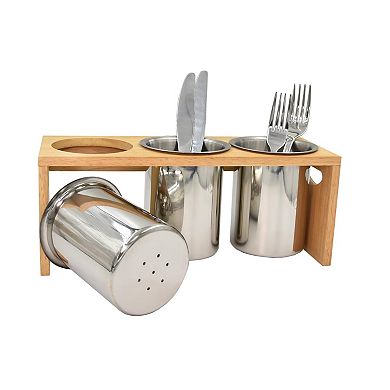 Stainless Steel Cutlery Holder with Wood Base 3 Compartments Drain Hole Easy Carry