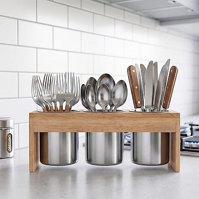Stainless Steel Cutlery Holder with Wood Base 3 Compartments Drain Hole Easy Carry