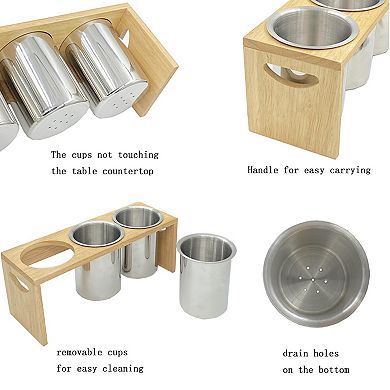 Stainless Steel Cutlery Holder with Wood Base 3 Compartments Drain Hole Easy Carry