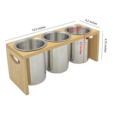Stainless Steel Cutlery Holder with Wood Base 3 Compartments Drain Hole Easy Carry