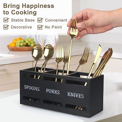 Wooden Silverware Organizer 3 Compartments Non-slip Utensil Holder for Kitchen Party