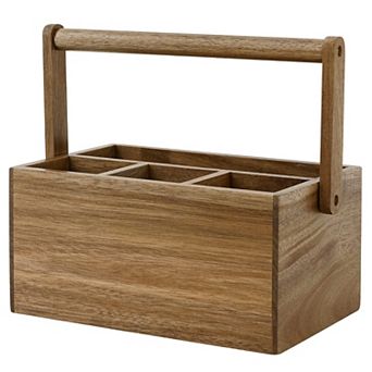 Acacia Wood Silverware Organizer w/ Handle 4 Compartments Multipose for Kitchen Office Bathroom