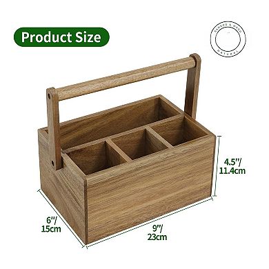 Acacia Wood Silverware Organizer w/ Handle 4 Compartments Multipose for Kitchen Office Bathroom