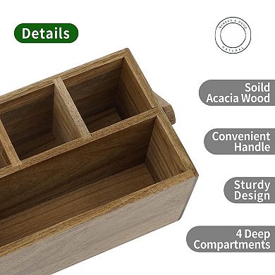 Acacia Wood Silverware Organizer w/ Handle 4 Compartments Multipose for Kitchen Office Bathroom
