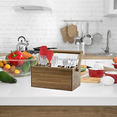 Acacia Wood Silverware Organizer w/ Handle 4 Compartments Multipose for Kitchen Office Bathroom
