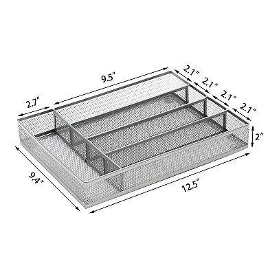 Drawer Organizer Cutlery Tray Silverware Storage 5 Compartments Non-slip Foam Feet Carbon Steel Mesh