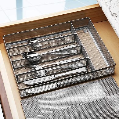 Drawer Organizer Cutlery Tray Silverware Storage 5 Compartments Non-slip Foam Feet Carbon Steel Mesh