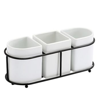 3 pc Porcelain Flatware Holder With Metal Rack Utensil Organizer