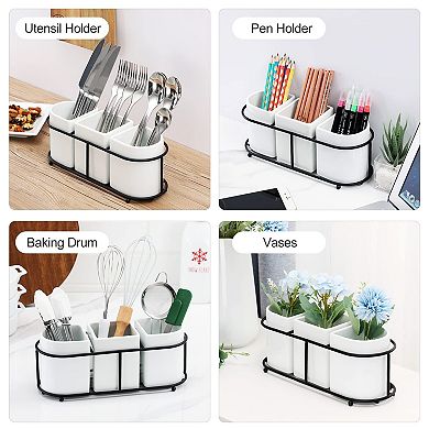 3 Piece Porcelain Flatware Holder With Metal Rack Utensil Organizer