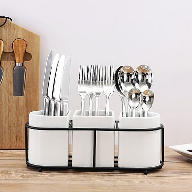 3 Piece Porcelain Flatware Holder With Metal Rack Utensil Organizer