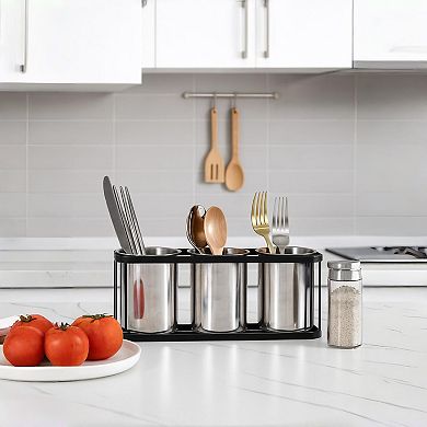 Stainless Steel Countertop Flatware Organizer 3 Compartments with Drainage
