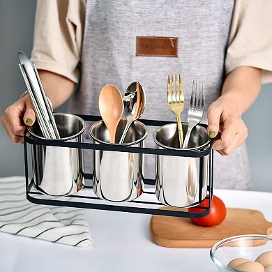 Stainless Steel Countertop Flatware Organizer 3 Compartments with Drainage