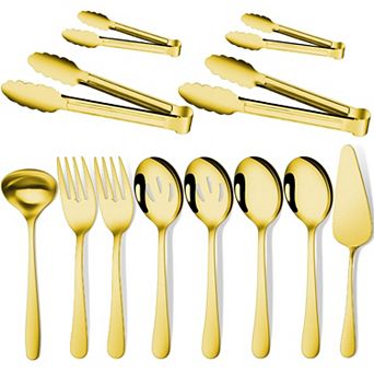 12 pc Stainless Steel Serving Utensil Set: Spoons Forks Tongs Ladle for Buffet Catering