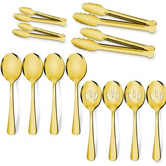 12 pc Stainless Steel Serving Utensils Set: Large Spoons, Slotted Tongs, Appetizer Tongs for Buffet